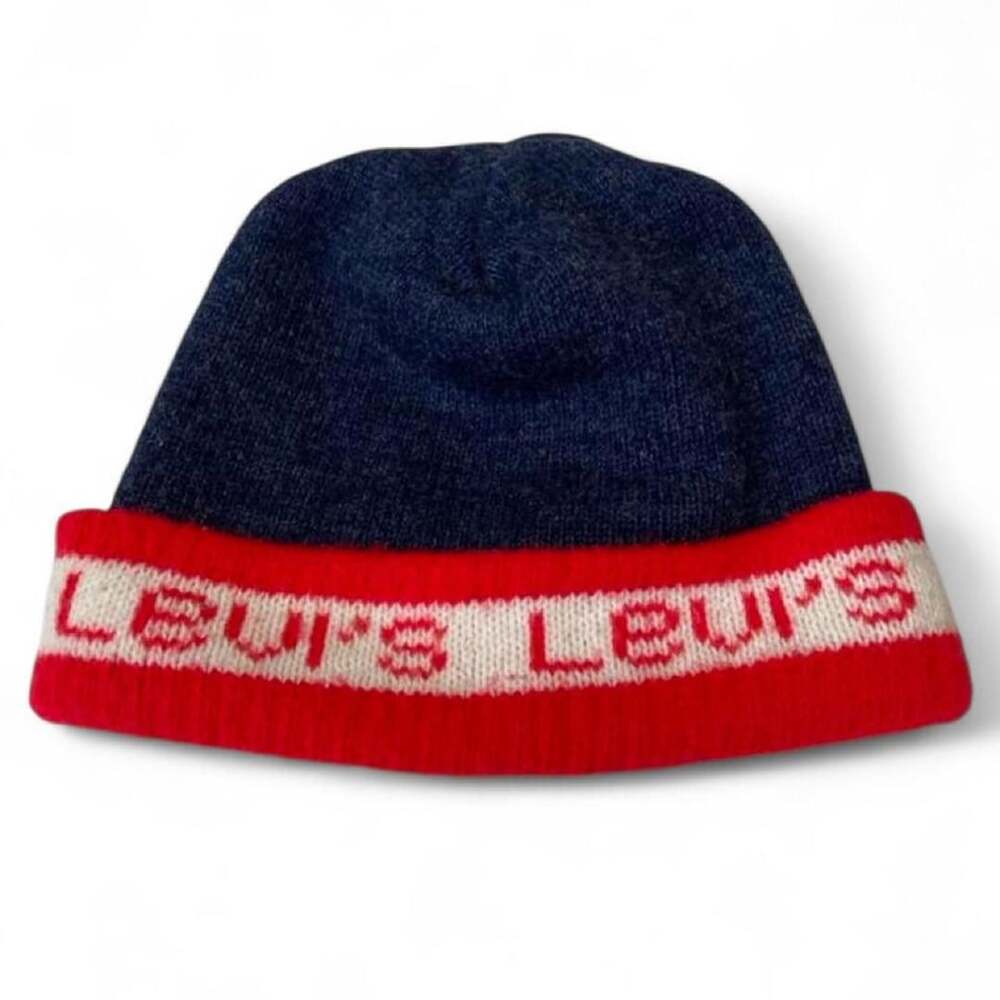 Vintage Ski Levi's Beanie Hat 421-6 Navy Blue Red Winter Knit